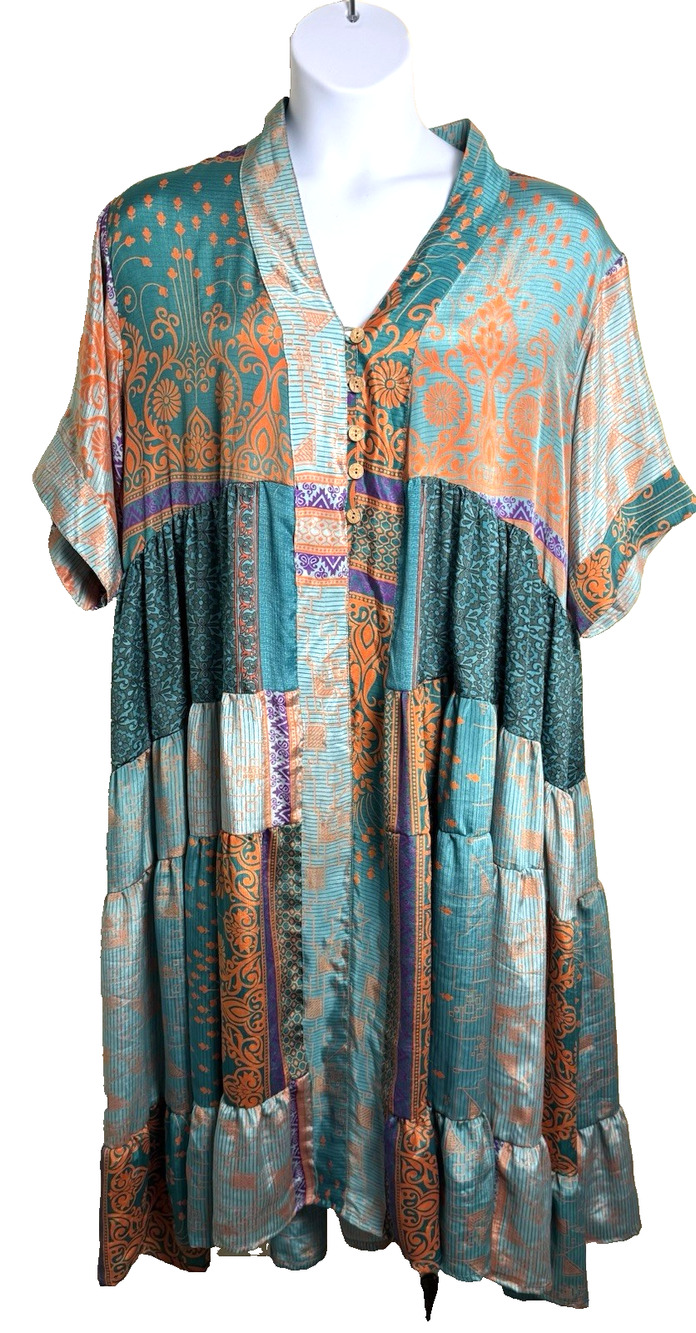 Kantha Bae OOAK Silk Sari Tiered Tunic Dress Free Size Boho Patchwork Hippie